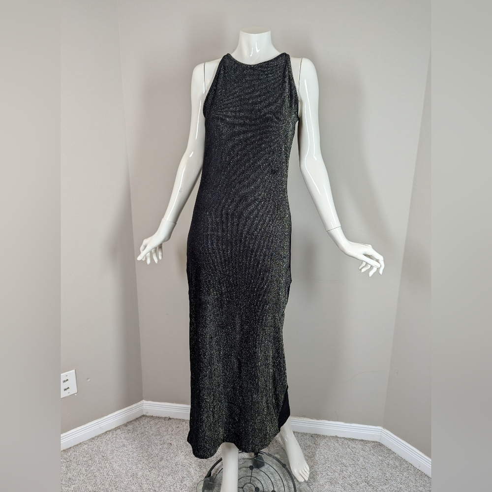 90s Minimalist Sparkly Maxi Dress – Stretch Metallic Y2K Evening Gown – Revival